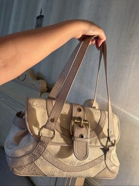 Just Cavalli Beige Shoulder Bag with Buckle Accent
